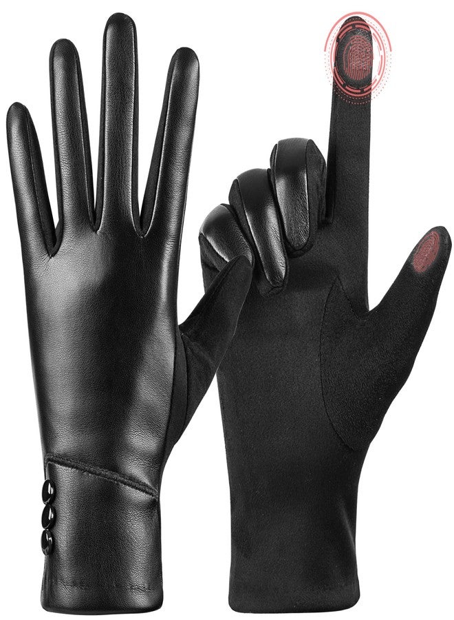 Kebesu Winter Fashion Leather Gloves for Women, Touch Screen Wool Lined Outdoor Windproof Warm Suede Driving Dress Gloves - Image 2